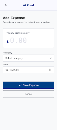 AI Fund add expense mobile mockup from the refined Stitch design
