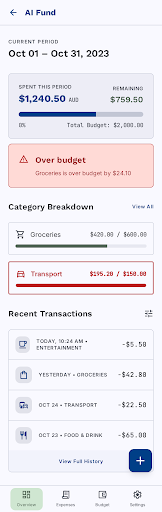 AI Fund overview mobile mockup from the refined Stitch design